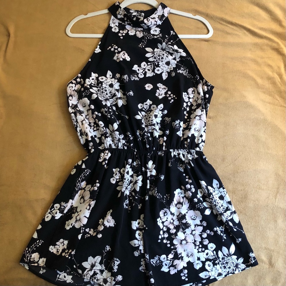 Black Floral Halter Romper